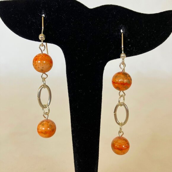 Orange Swirl Earrings Ceramic Beaded Silvertone Metal Oval Hoop Handcrafted New - Picture 3 of 6